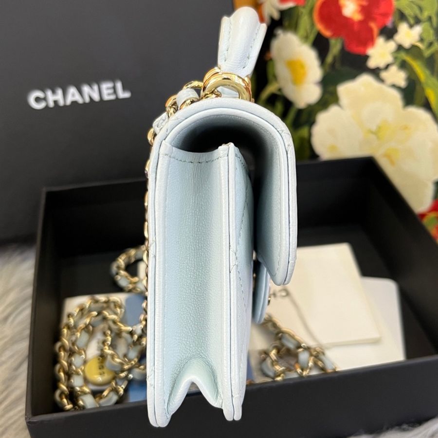 CHANEL香奈兒 21k 鏈條翻蓋 皮穿鏈 菱格 羊皮 口蓋包手提單肩斜挎包 迷你 Baby Blue天藍色 31開-2