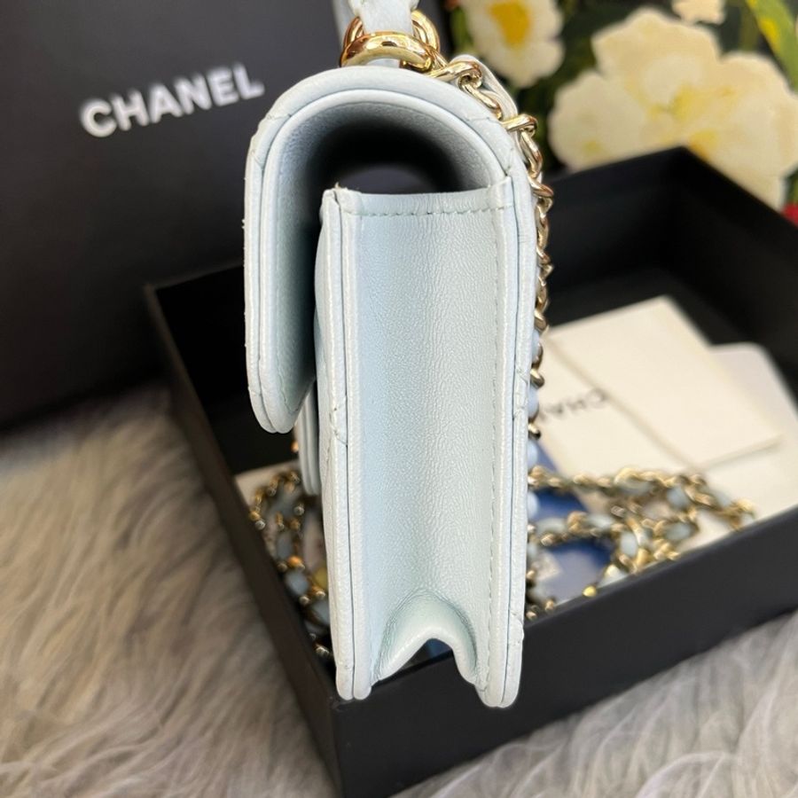 CHANEL香奈兒 21k 鏈條翻蓋 皮穿鏈 菱格 羊皮 口蓋包手提單肩斜挎包 迷你 Baby Blue天藍色 31開-3