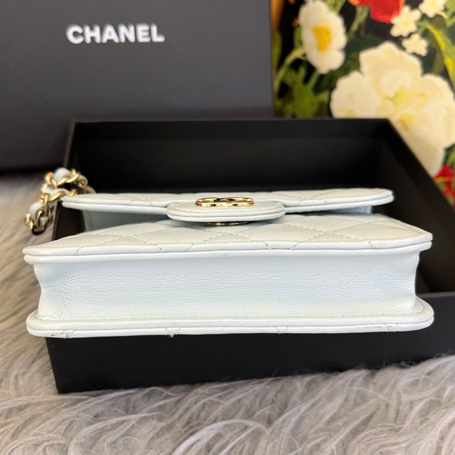 CHANEL香奈兒 21k 鏈條翻蓋 皮穿鏈 菱格 羊皮 口蓋包手提單肩斜挎包 迷你 Baby Blue天藍色 31開-4