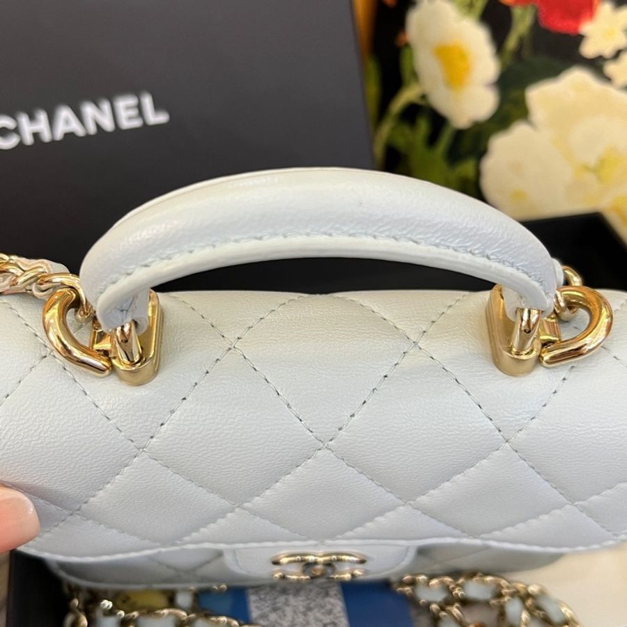 CHANEL香奈兒 21k 鏈條翻蓋 皮穿鏈 菱格 羊皮 口蓋包手提單肩斜挎包 迷你 Baby Blue天藍色 31開-5