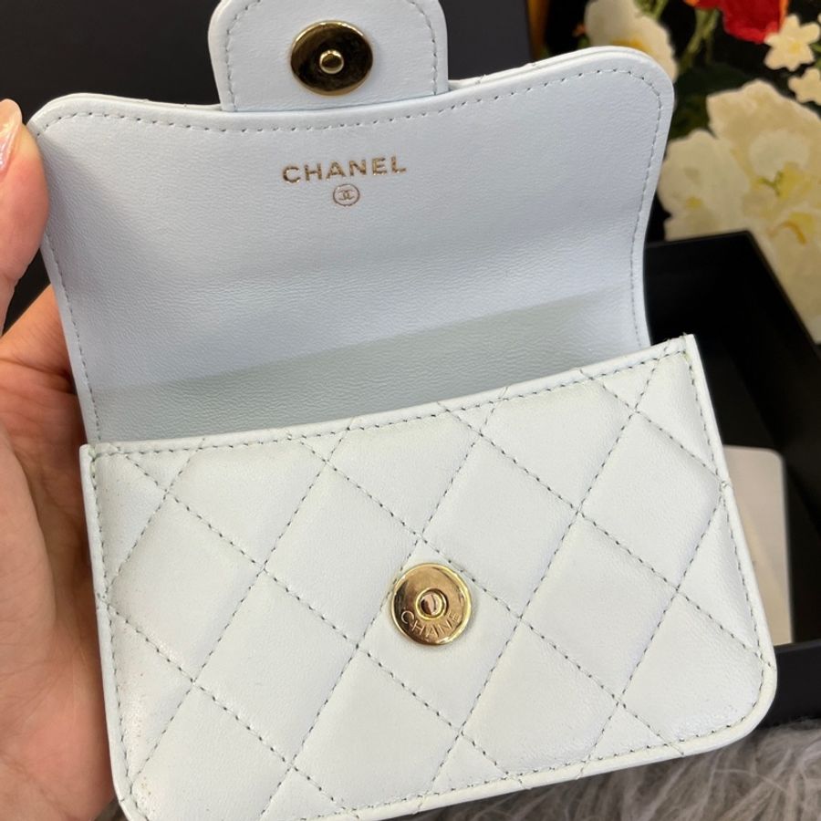 CHANEL香奈兒 21k 鏈條翻蓋 皮穿鏈 菱格 羊皮 口蓋包手提單肩斜挎包 迷你 Baby Blue天藍色 31開-7
