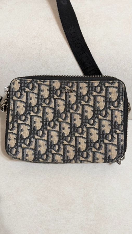 Christian Dior 經典 Oblique 緹花斜背包配有黑色皮革滾邊-0