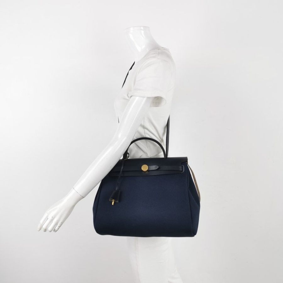 Hermes Herbag31子母包斜背包單肩包Hunter牛皮帆布金扣7U海軍藍藍色Z刻-1
