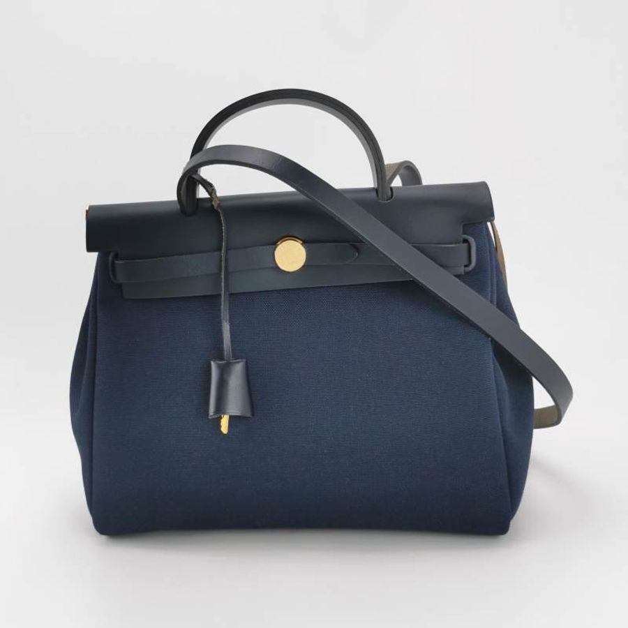 Hermes Herbag31子母包斜背包單肩包Hunter牛皮帆布金扣7U海軍藍藍色Z刻-7