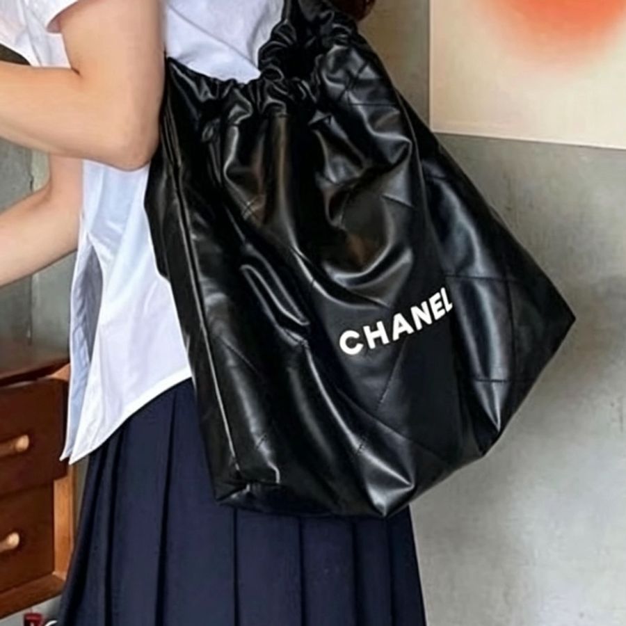 CHANEL香奈兒22Bag中號黑色全皮白Logo子母垃圾袋包 🈶購證芯片款🪼-7