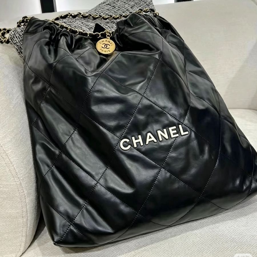 CHANEL香奈兒22Bag中號黑色全皮白Logo子母垃圾袋包 🈶購證芯片款🪼-9