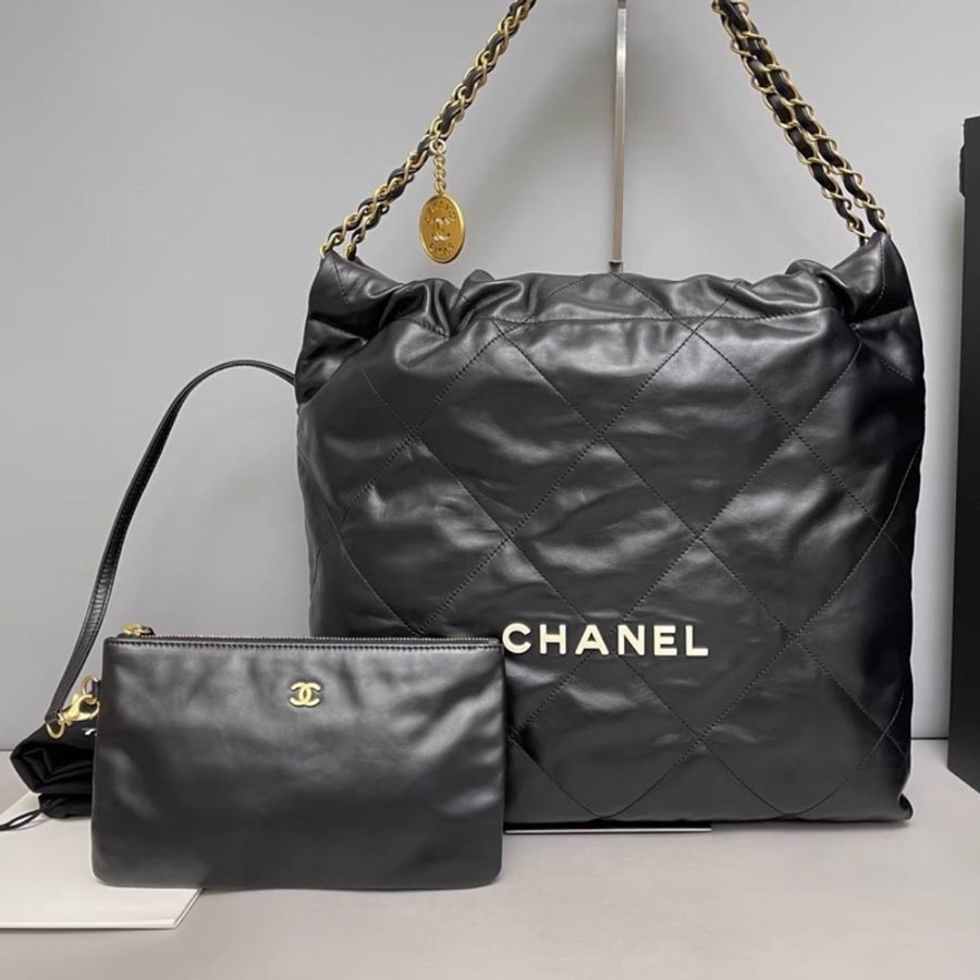 CHANEL香奈兒22Bag中號黑色全皮白Logo子母垃圾袋包 🈶購證芯片款🪼-10