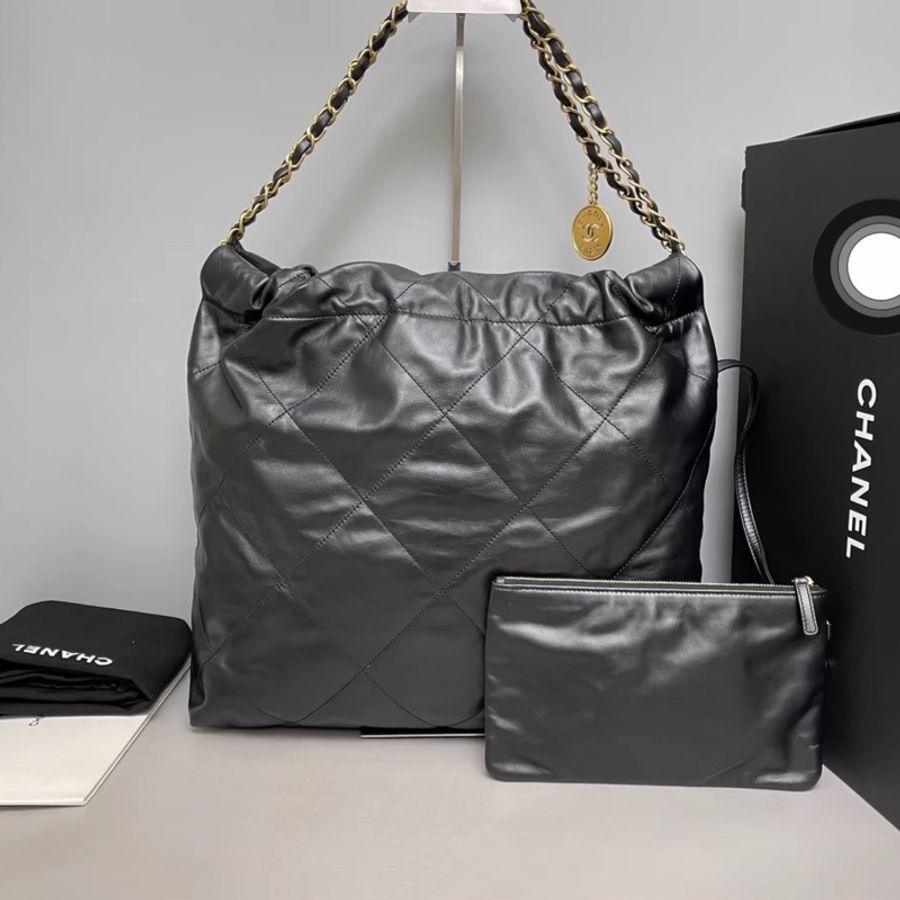 CHANEL香奈兒22Bag中號黑色全皮白Logo子母垃圾袋包 🈶購證芯片款🪼-11