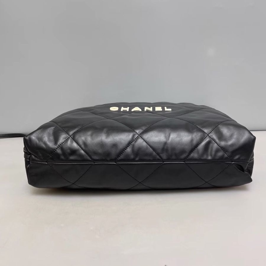 CHANEL香奈兒22Bag中號黑色全皮白Logo子母垃圾袋包 🈶購證芯片款🪼-14