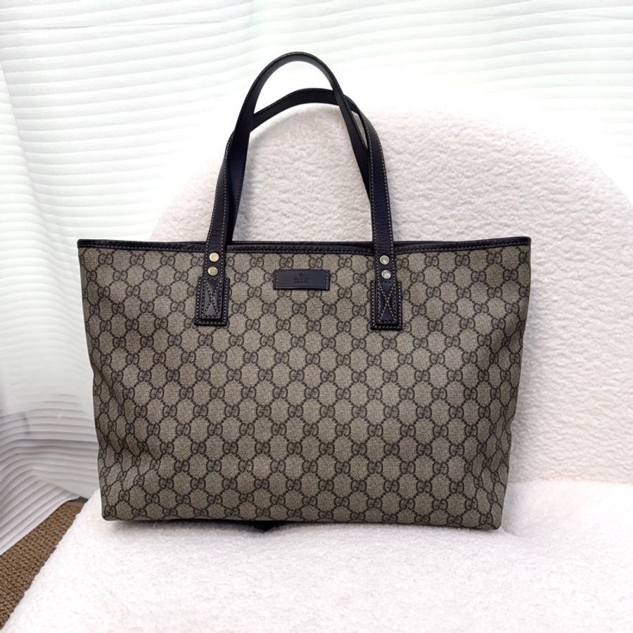 GUCCI 古馳 211137 經典老花 GG Supreme 帆布皮革飾邊托特包 / 購物袋 / 媽媽包-5