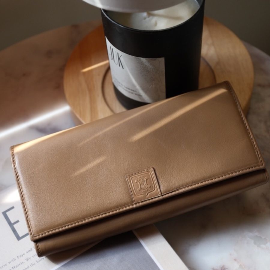 Vintage Celine 1980s 經典凱旋門浮雕口金奶茶色皮革長夾-0