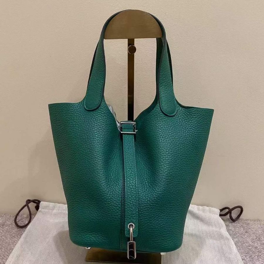 Hermes 菜藍子/水桶18 絲絨綠銀扣 tc D刻 配件塵袋鎖具-0