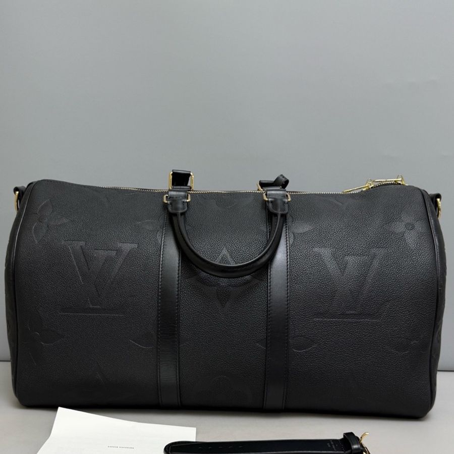Louis Vuitton路易威登 Keepall45黑色全皮壓紋大logo旅行包 芯片 無肩帶-1