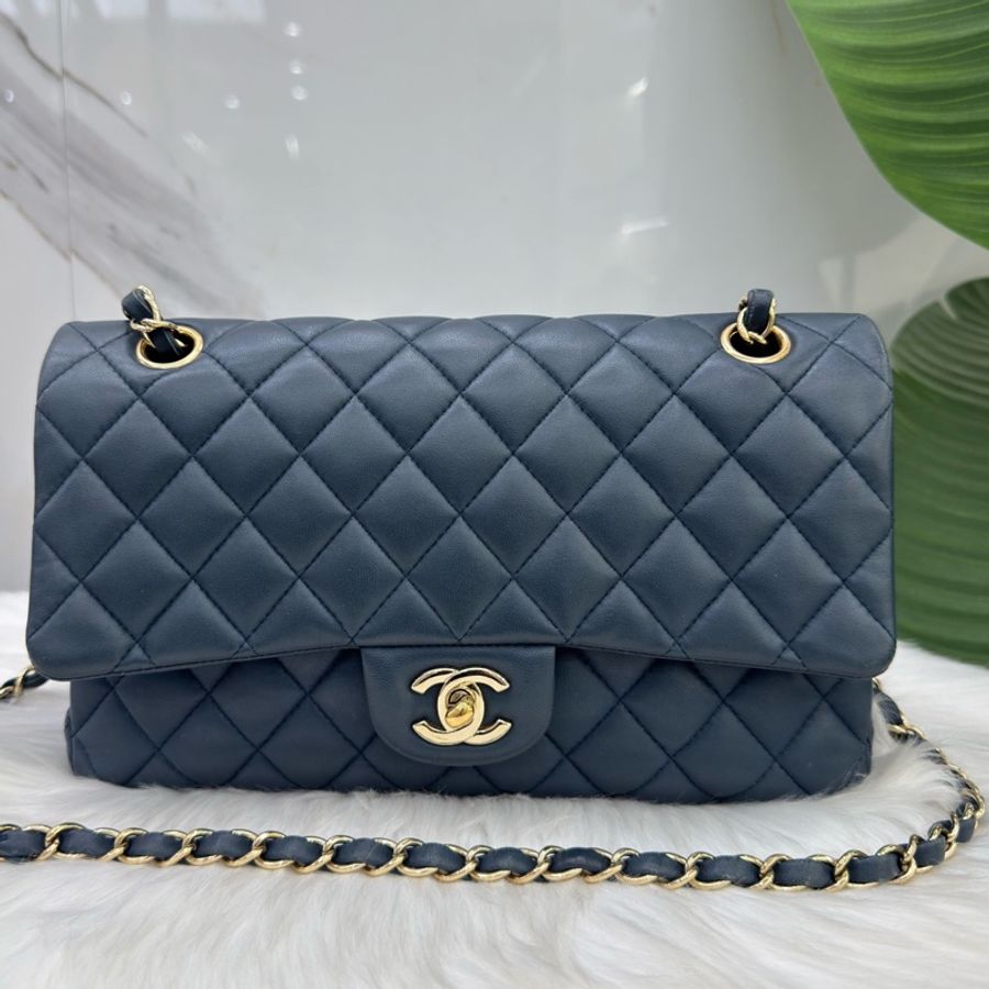 Chanel香奈兒藍色羊皮中號CF鏈條包 23開 小羊皮菱格紋+雙C金扣-0