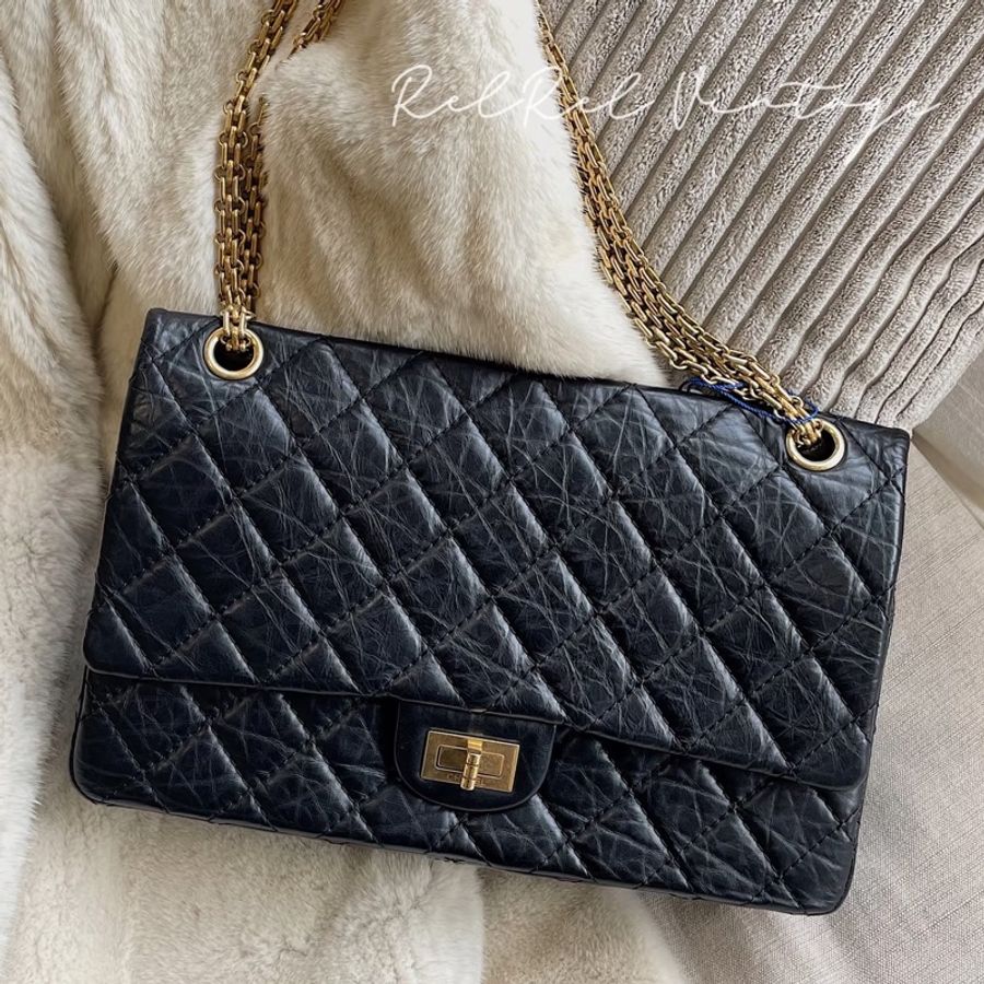CHANEL香奈兒2.55中號黑色油蠟牛皮菱格鏈條單肩斜挎包🦉附件身份卡鐳射16-10