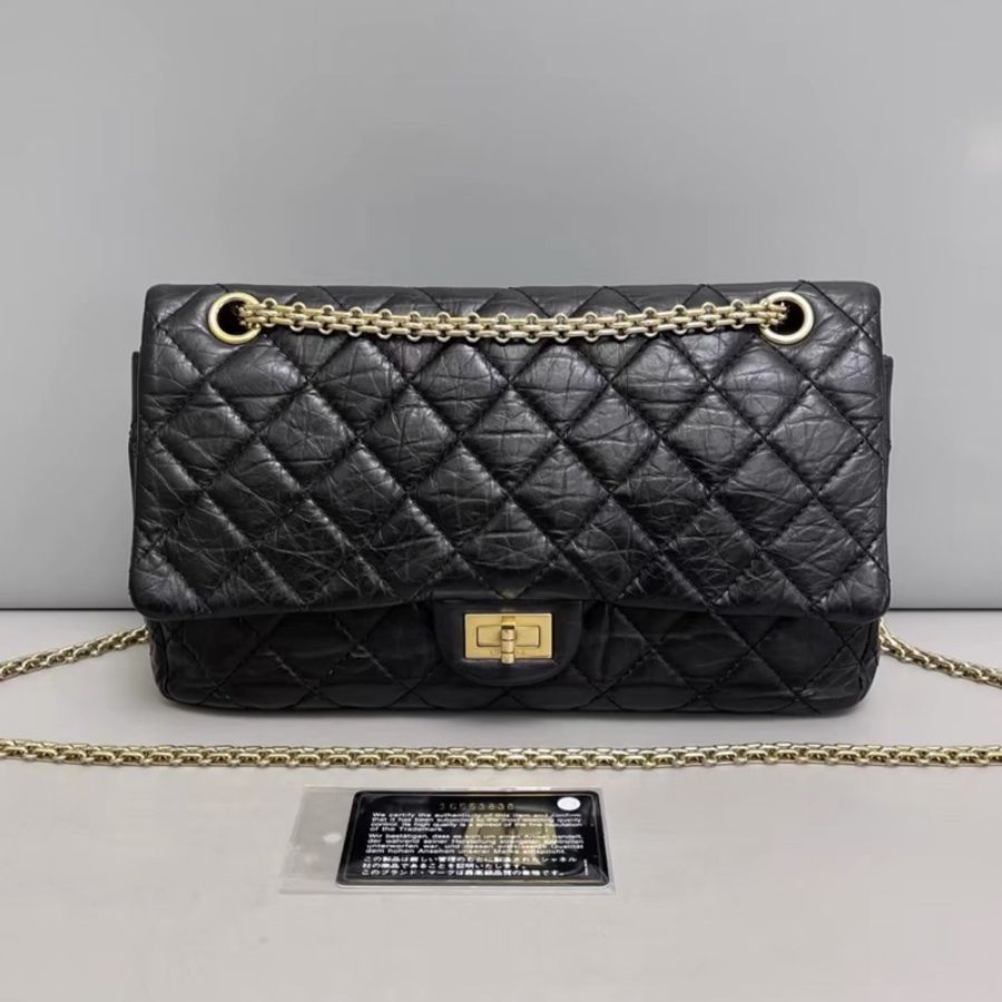CHANEL香奈兒2.55中號黑色油蠟牛皮菱格鏈條單肩斜挎包🦉附件身份卡鐳射16-11
