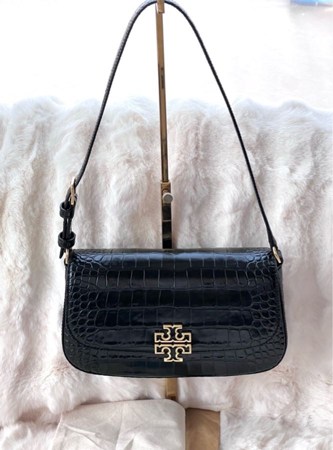 99新 Tory burch/TB湯麗柏琦 Britten黑色鰐魚壓紋腋下包 黑金配色 尺寸:27*16-1