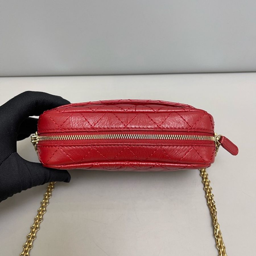 Chanel 紅金油蠟牛皮菱格相機包 26開-6