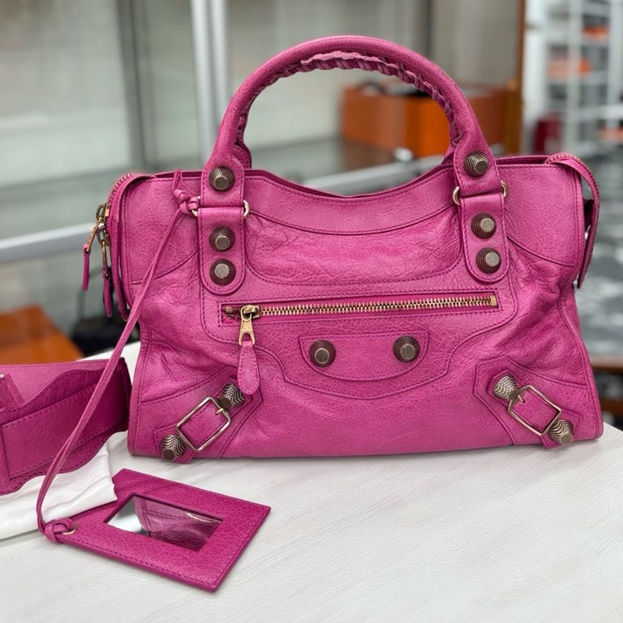 【狀況良好】Balenciaga 巴黎世家 桃粉色復古牛皮大釘機車包-0