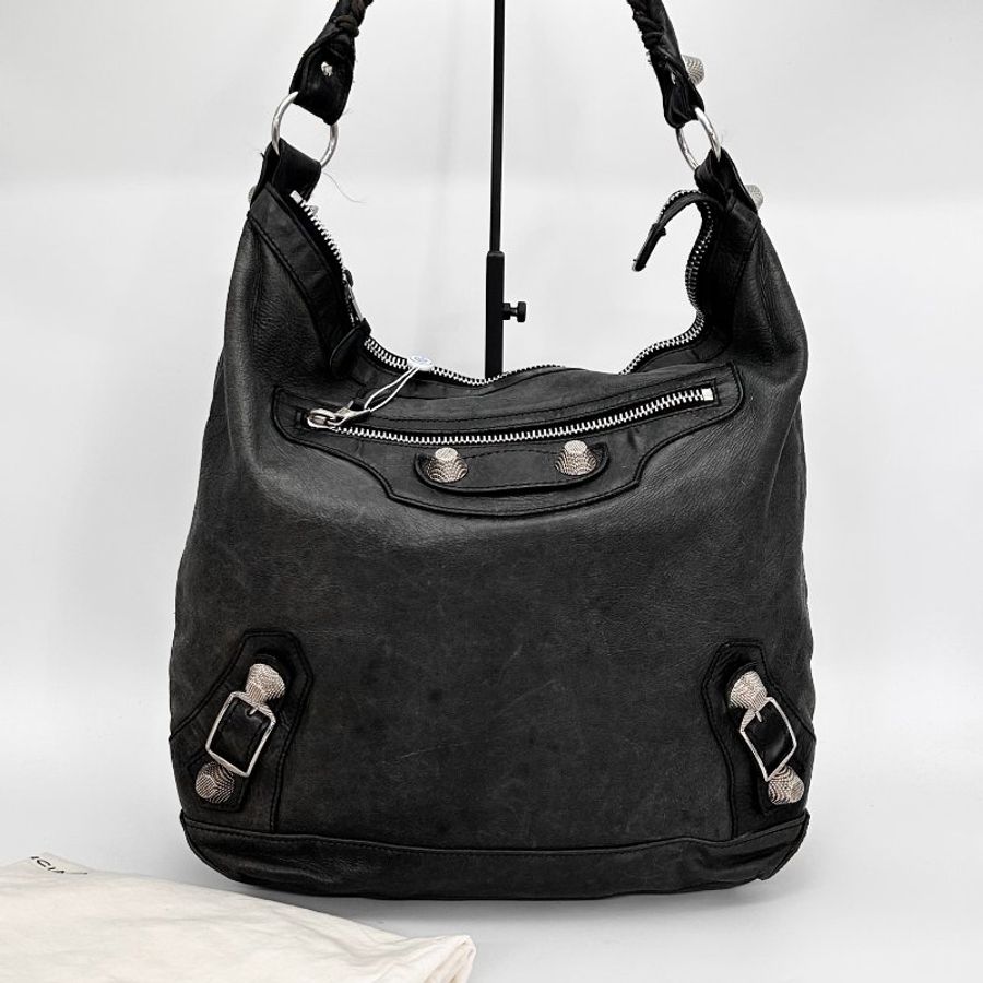 BALENCIAGA 銀扣手提腋下hobo機車包 34*35*10 98新配件塵袋-1
