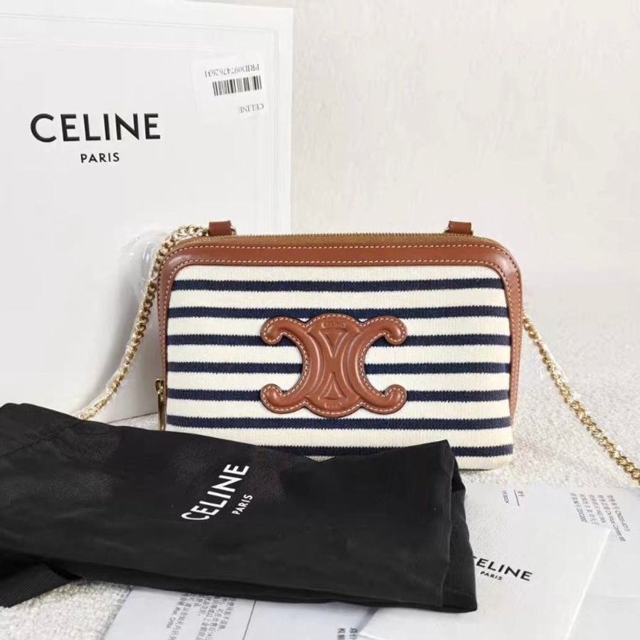 Celine 凱旋門海軍風條紋貝殼鏈條包  藍白條紋帆布拼皮  16*10*9 98新配件購證 盒 塵袋-2