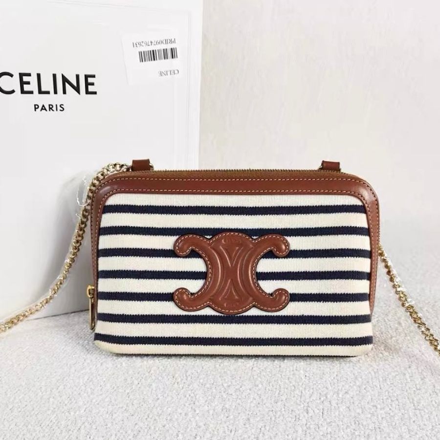Celine 凱旋門海軍風條紋貝殼鏈條包  藍白條紋帆布拼皮  16*10*9 98新配件購證 盒 塵袋-8