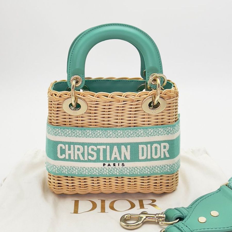 DIOR 限量款藤條竹編三格黛妃手提肩背斜背包 17*15*7 98新配件塵袋-2