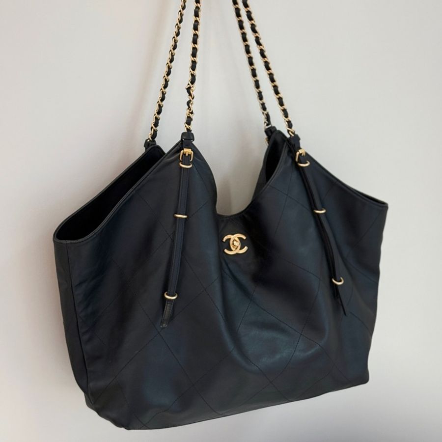 香奈兒Chanel 25s tote 大托特maxi購物袋黑金牛皮單肩包 芯片款-7