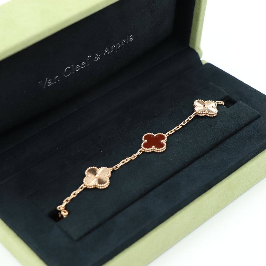 Van Cleef & Arpels Vintage Alhambra 經典5花 🌸 四葉草 紅玉髓 鐳射 Au750 手鍊 保證書 原廠盒-2