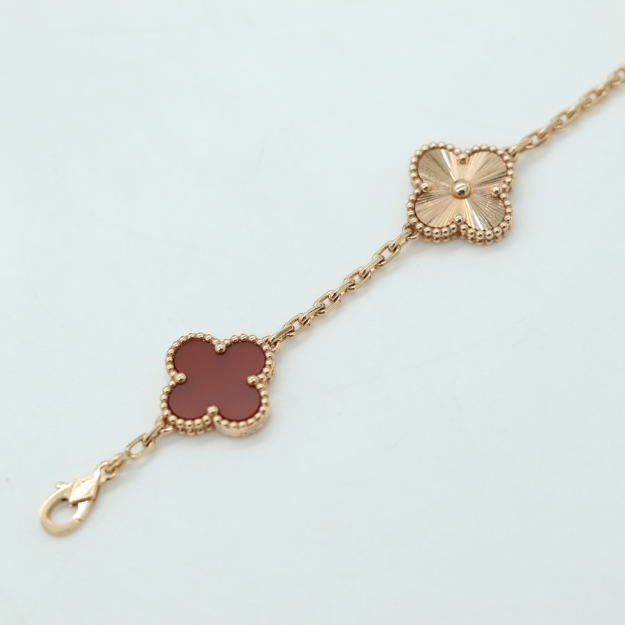 Van Cleef & Arpels Vintage Alhambra 經典5花 🌸 四葉草 紅玉髓 鐳射 Au750 手鍊 保證書 原廠盒-6