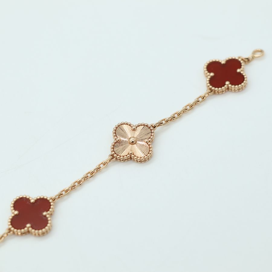 Van Cleef & Arpels Vintage Alhambra 經典5花 🌸 四葉草 紅玉髓 鐳射 Au750 手鍊 保證書 原廠盒-7