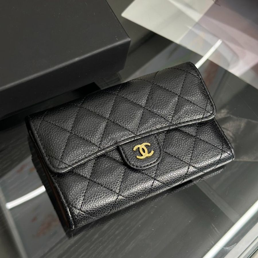 CHANEL 經典粒面牛皮中夾 - 黑金-1