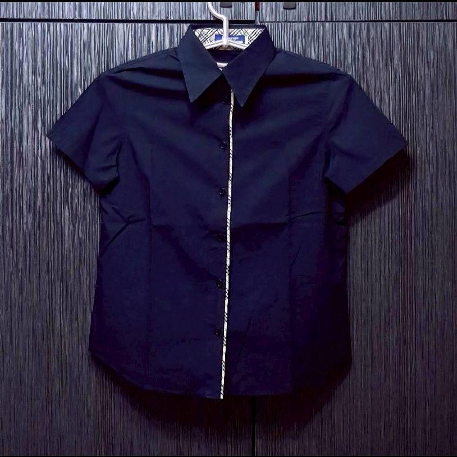 絕版BURBERRY 博柏利 BLUE LABEL 藍標 戰馬 女黑色修身彈性短袖襯衫38號-0