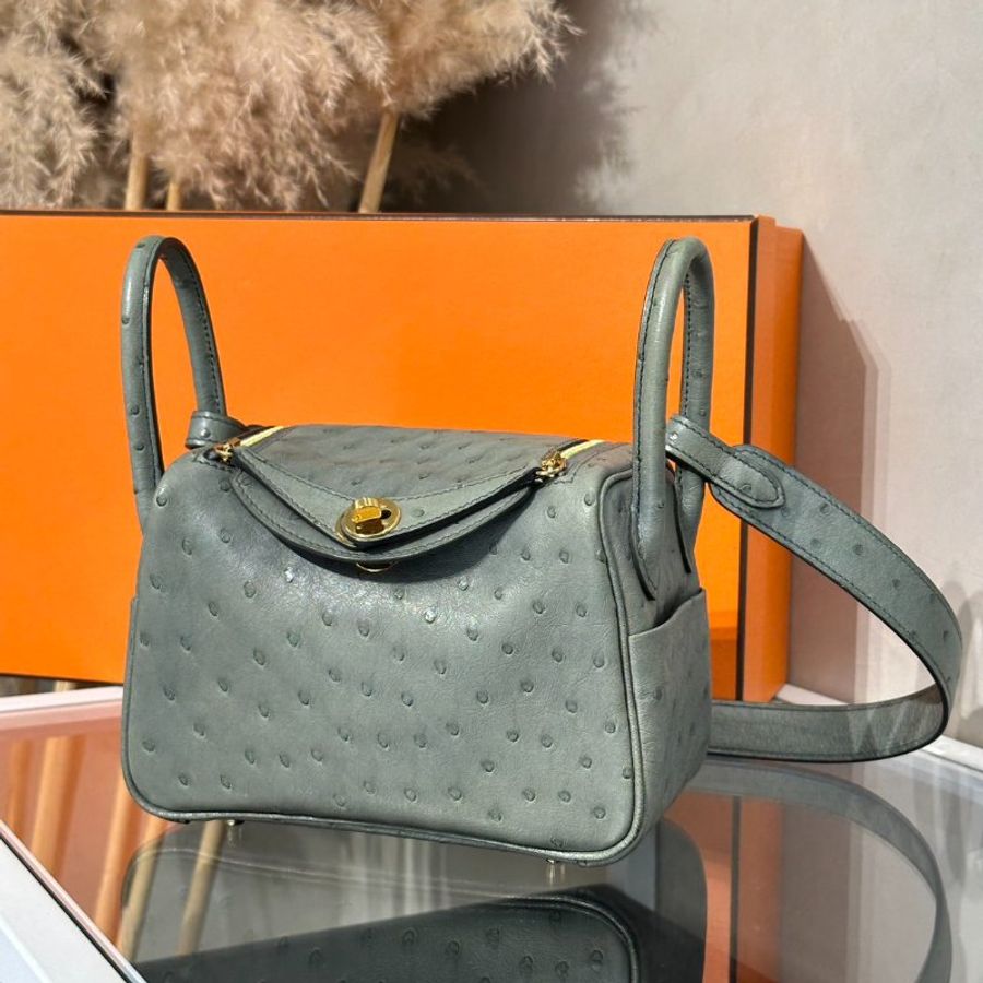 HERMES Mini Lindy - Vert Amande 63 鴕鳥皮杏仁綠金 U-3