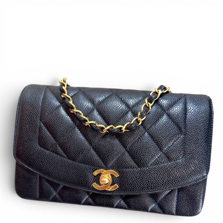 Chanel Vintage Diana 包黑金荔枝牛皮小號 23 cm-0