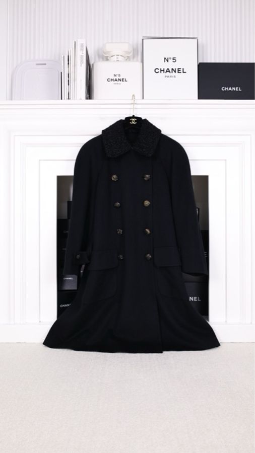 Chanel 91年黑色羊毛双排扣大衣外套-0