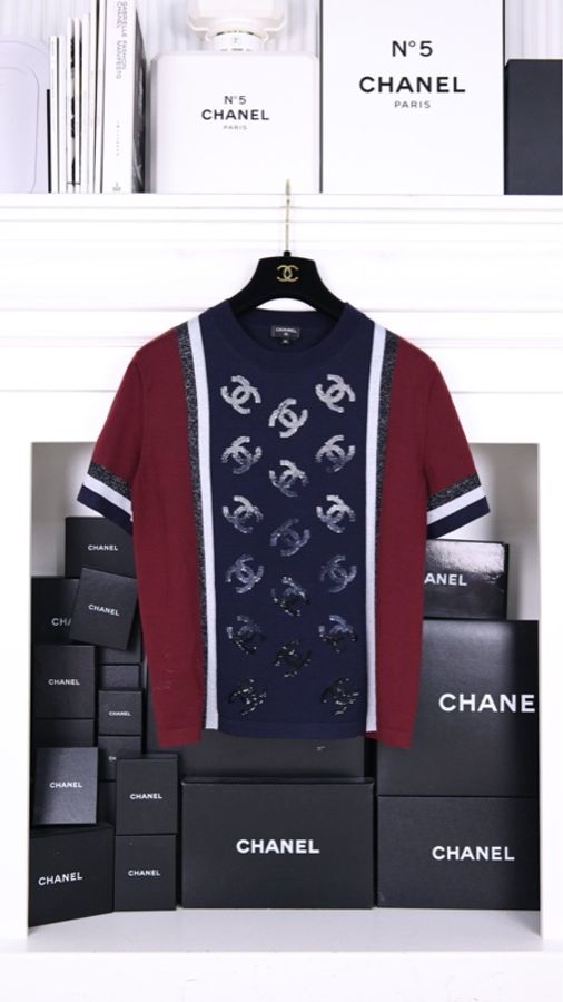 Chanel 23B酒红色拼深蓝色亮片cc针织短袖上衣外套-0