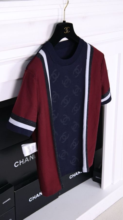 Chanel 23B酒红色拼深蓝色亮片cc针织短袖上衣外套-1