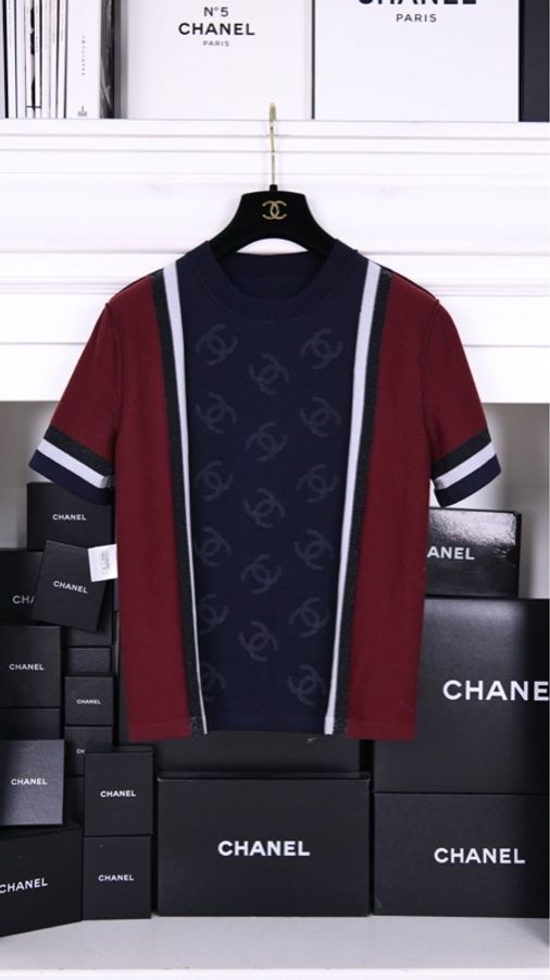Chanel 23B酒红色拼深蓝色亮片cc针织短袖上衣外套-8