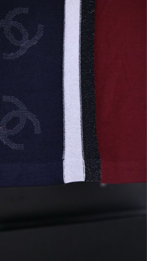 Chanel 23B酒红色拼深蓝色亮片cc针织短袖上衣外套-40