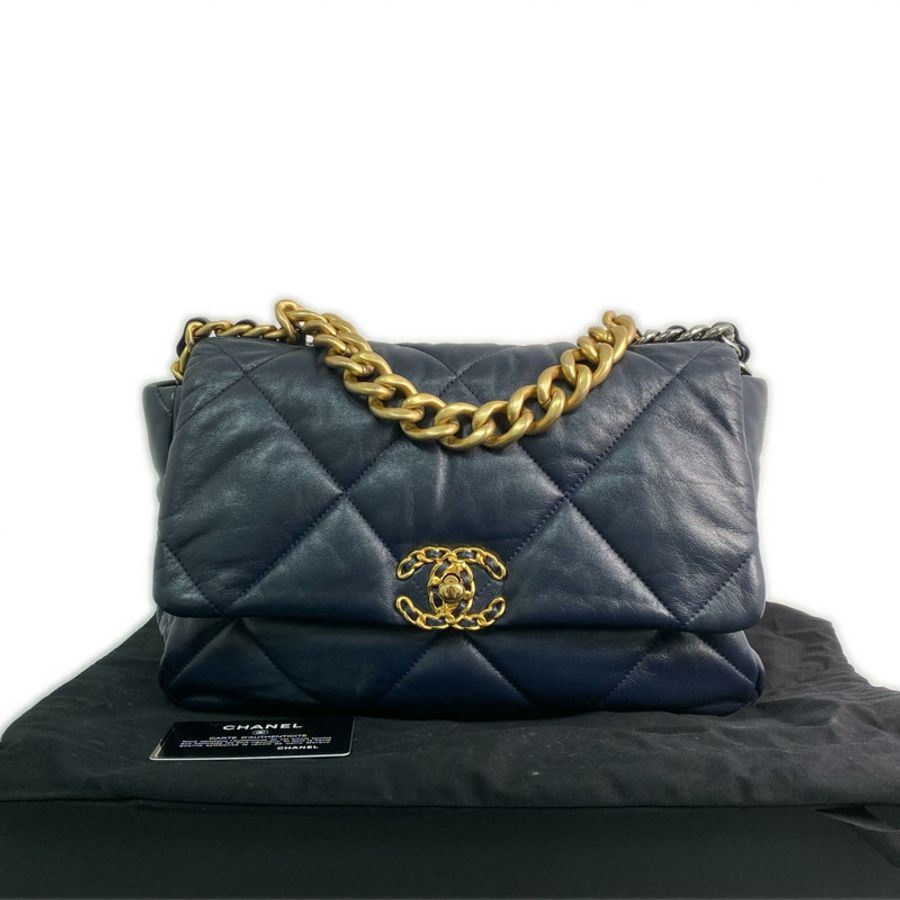 △ CHANEL 香奈兒 Navy Lambskin 19bag Ruthenium-Finish Gold-tone Silver-tone Metal No.29 2 way bag 深藍色小羊皮鍍釕金色銀色金屬 No.29兩用袋 AS1161-267012663-0