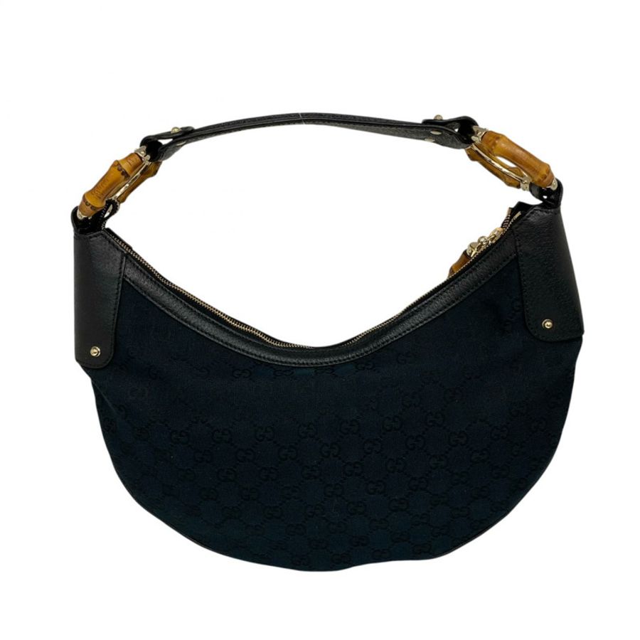 ☆ GUCCI 古馳 Black Calfskin Canvas Bamboo Shoulder Bag 黑色小牛皮帆布竹柄肩背包 137577-267012855-1