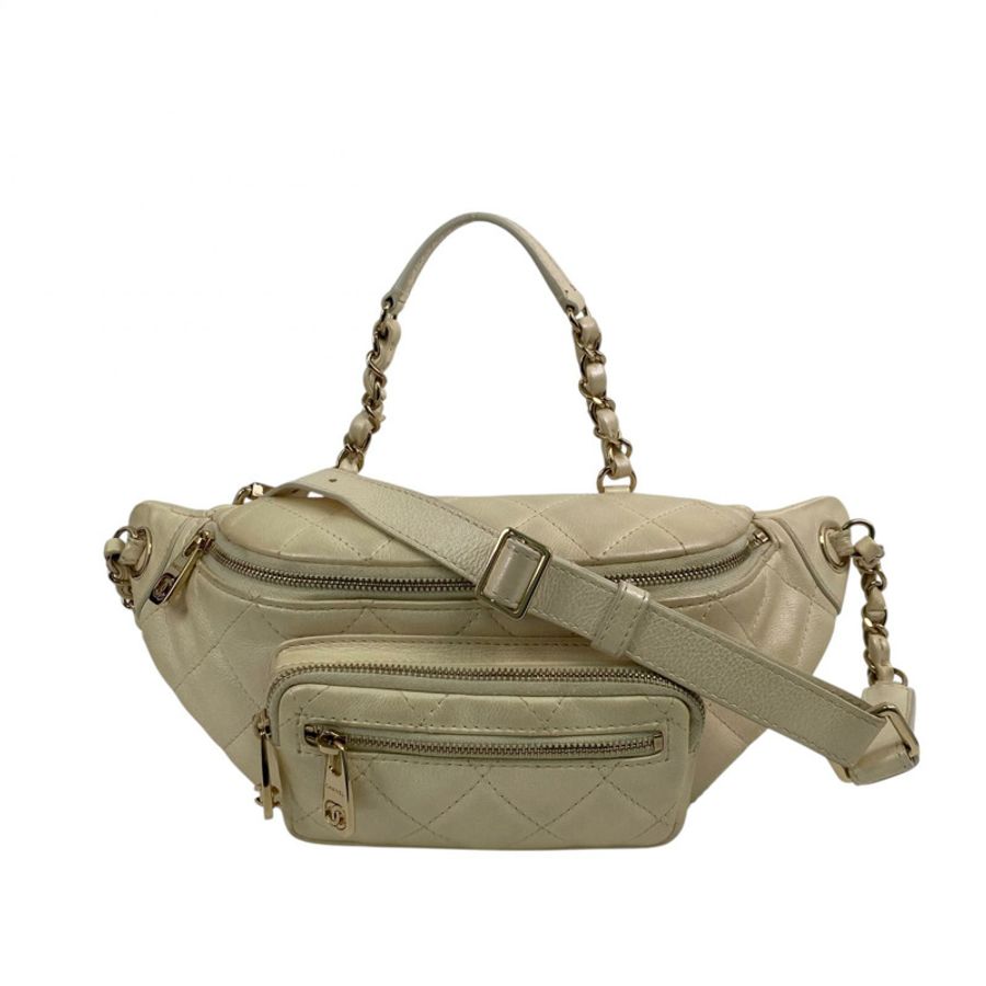 △ CHANEL 香奈兒 Pearl White Calfskin Gold Tone Metal Chain Belt Bag No.27 2 way bag 珍珠白色小牛皮金色金屬No.27兩用袋-267013128-1