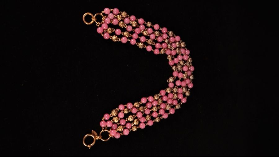 Chanel 樱花粉琉璃素金圆圈拼接长项链毛衣链-6