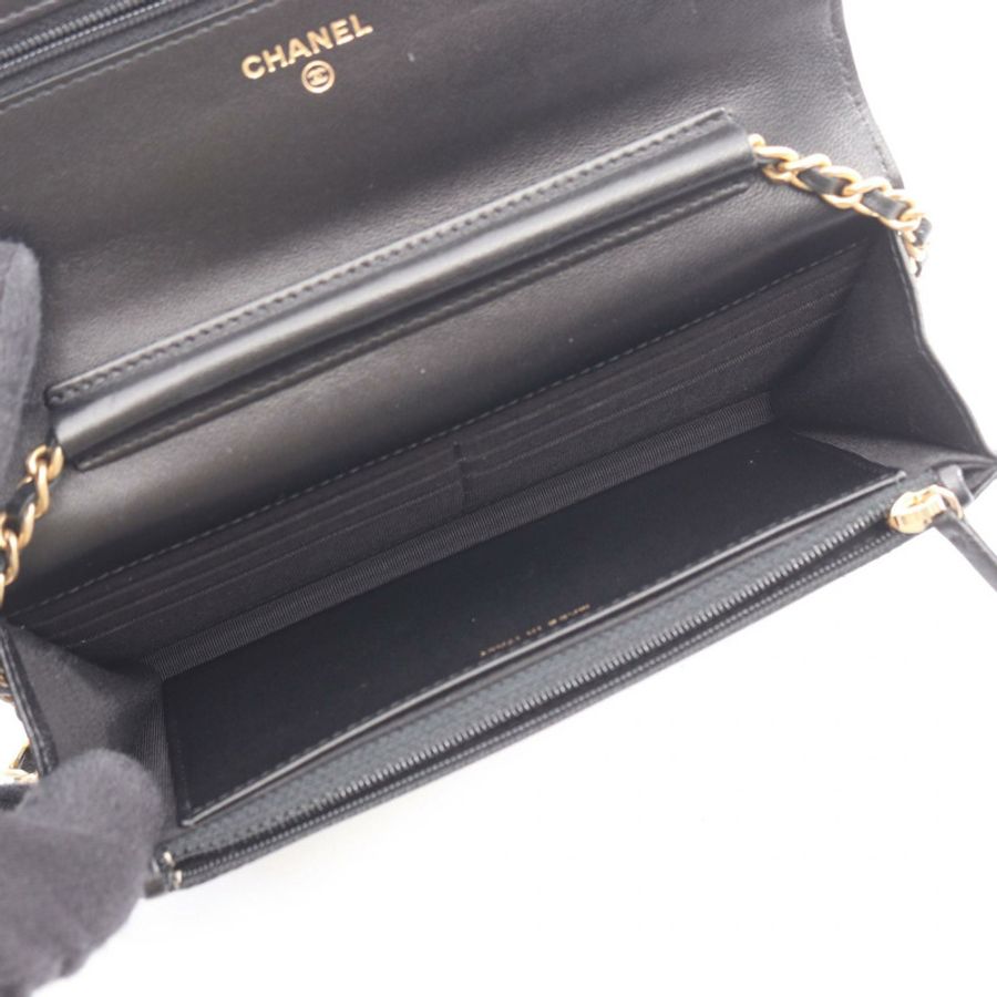 香奈兒 (CHANEL) 絎縫埃及風鏈條肩背斜背包，黑色皮革，金色五金，二手-2