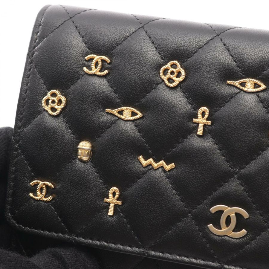香奈兒 (CHANEL) 絎縫埃及風鏈條肩背斜背包，黑色皮革，金色五金，二手-8