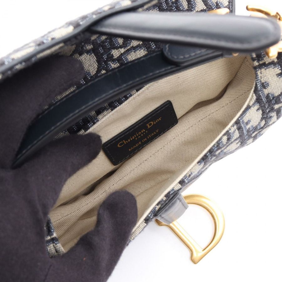 Dior SADDLE Oblique 手提包,帆布皮革,海軍藍/米色,二手女款-2