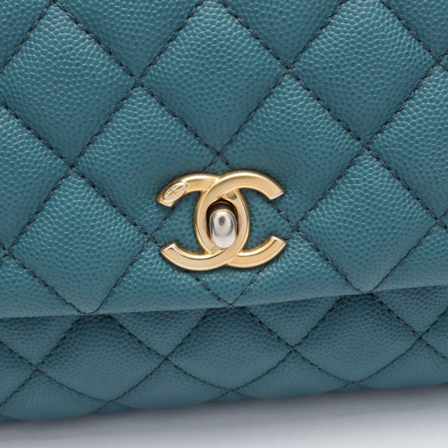 香奈兒 Coco Handle Flap Matelasse 2WAY 手提包 A92990 粒面小牛皮 異國皮革 綠色 棕色 二手-6