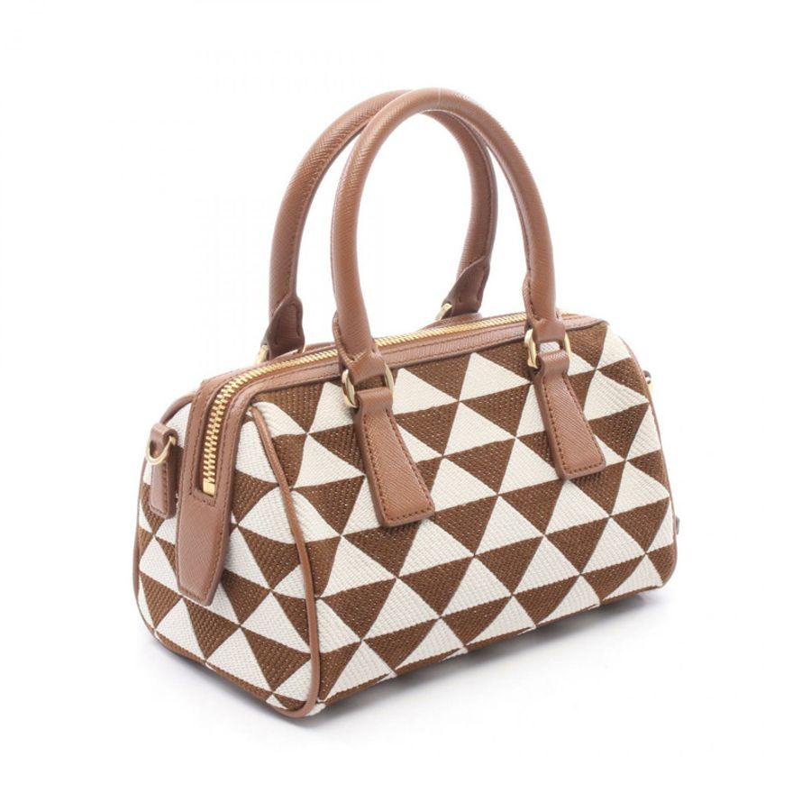 PRADA TRIANGOLO JACQU 2WAY 手提包 1BB846 帆布皮革棕色白色二手女款-1