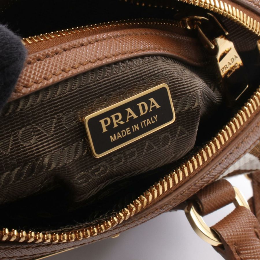 PRADA TRIANGOLO JACQU 2WAY 手提包 1BB846 帆布皮革棕色白色二手女款-3